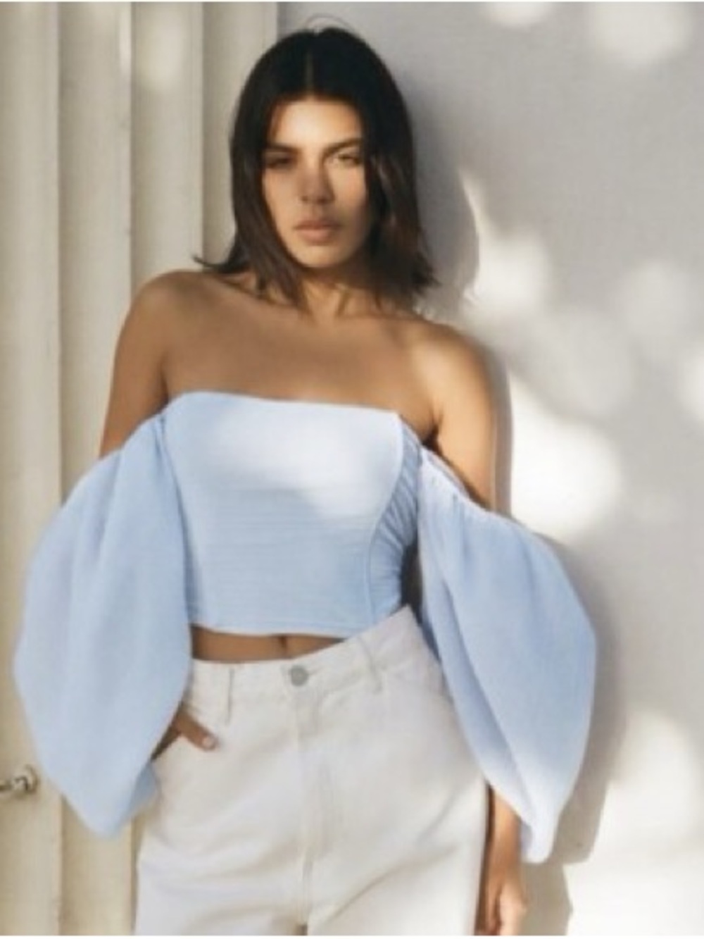Zara Organza Strapless Balloon-Sleeve Crop Top in Light Blue